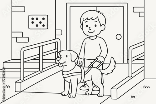 Accessible Building Entrance. Accessibility and disability rights children?s coloring book illustration, outlined drawing, building entrance with a ramp,