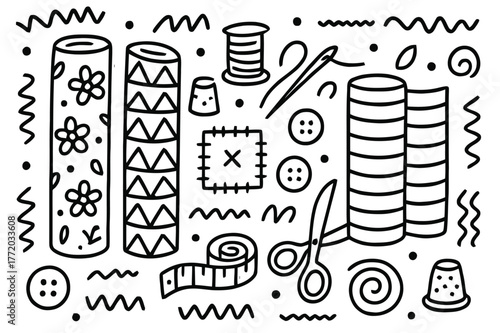 Patterned Textile Elements. Patterned textiles. Hand-drawn doodle illustration patterned textiles fabric rolls, needle, thread spool, patch, scissors, zigzag