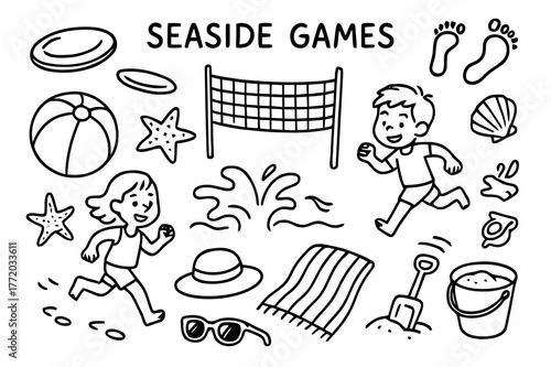 Seaside Games Doodle. Seaside games. Hand-drawn doodle illustration seaside games beach ball, frisbee, volleyball net, running kids, footprints, wave splash,