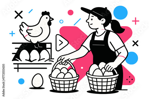 Geometric Poultry Harvest. Poultry Farm. Eggs being collected in baskets with floating abstract geometric shapes and soft glowing accents, organized and