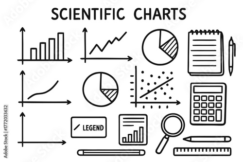Scientific Chart Doodles. Scientific Charts. Hand-drawn doodle illustration Scientific Charts bar chart, line graph, pie chart, scatter plot, histogram, axes,