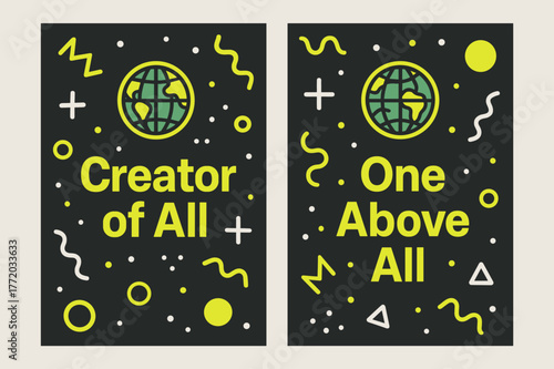 Creator & One Above All. Creator of All. Two vertical A6 banners with safe margins, centered composition, no elements touching edges, memphis, charcoal and
