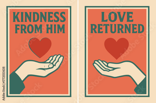 Kindness and Love Banners. Compassion. Two vertical A6 banners with safe margins, centered composition, no elements touching edges, retro, coral and teal, open