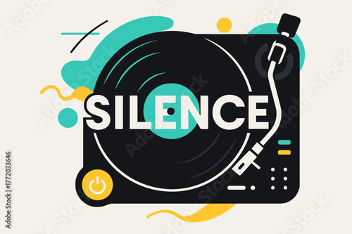 Turntable Afterparty Silence. DJ turntable ? Afterparty calm down. Turntable slows to a gentle stop; neon lights fade to soft gradients. Word ?SILENCE? floats