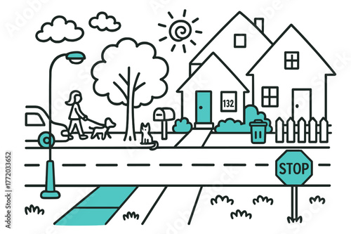 Cartoon Street Scene. // Street view. Hand-drawn doodle illustration Street view [sidewalk (accented), road, streetlight (accented), parked car, mailbox, front