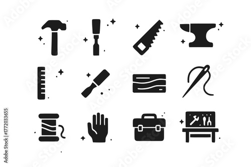 Precision Work Icons. Precision Work. Solid icons set of Precision Work: hammer, chisel, saw, anvil, ruler, paintbrush, wood plank, sewing needle, thread
