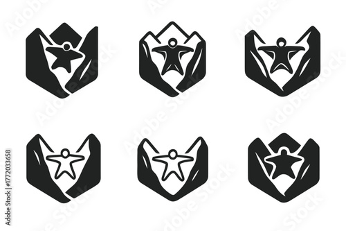Wingsuit Logo Variations. Wingsuit flying. Set Logo of Wingsuit flying: flyer slicing through valley. harmonious logo variations of the same emblematic
