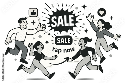 Dynamic Sale Promo. Kinetic Typography ? Social Ad. ?SALE? expands like a pulse, then snaps into a tidy badge; stars and circles burst outward. Tagline ?tap