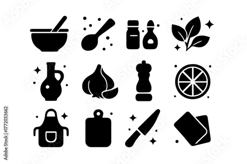 Culinary Icon Set. Culinary Crafting. Solid icons set of Culinary Crafting: mixing bowl, spoon stirring, spices, herbs, olive oil bottle, garlic clove, pepper