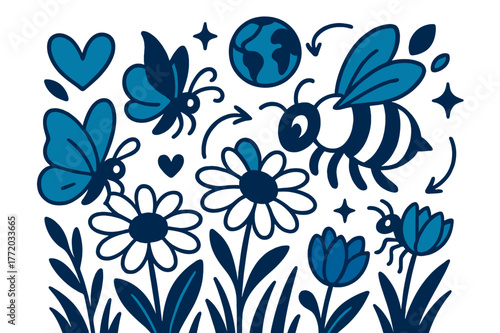 Meadow Pollinators in Motion. Ecology. Pollinator insects visiting flowers in meadow with abstract floating icons, arrows, and sparkles; emphasizes