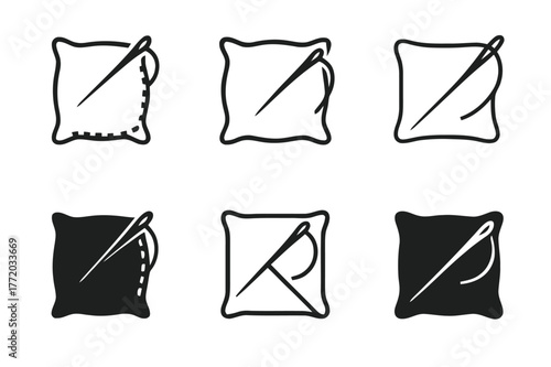 Sewing Logo Variations. Sewing pillowcase. Set Logo of Sewing pillowcase: needle stitching along edge. harmonious logo variations of the same emblematic