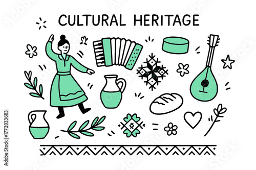Cultural Heritage Icons. // Cultural heritage. Hand-drawn doodle illustration Cultural heritage [folk dancer (accented), accordion (accented), traditional hat