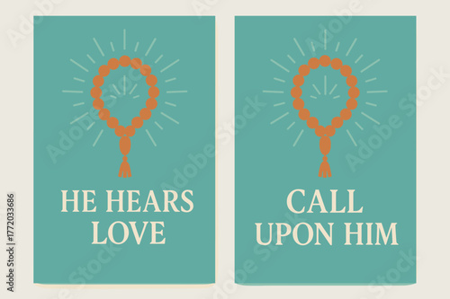 Spiritual Banners. Answered Prayer. Two vertical A6 banners with safe margins, centered composition, no elements touching edges, minimal, turquoise and orange,