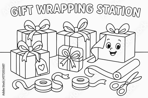Gift Wrapping Fun. Gift Wrapping Station children?s coloring book illustration, outlined drawing, presents being wrapped with ribbons and bows, a tag with a