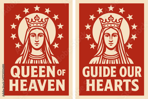 Queen of Heaven Banners. Queen of Heaven. Two vertical A6 banners with safe margins, centered composition, no elements touching edges, bold, red and beige,
