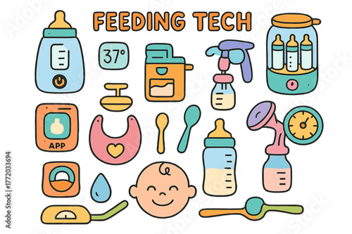 Colorful Infant Feeding Tech. Feeding tech. Colorful Hand-drawn doodle Children illustration Feeding tech bottle warmer, milk temperature display, formula