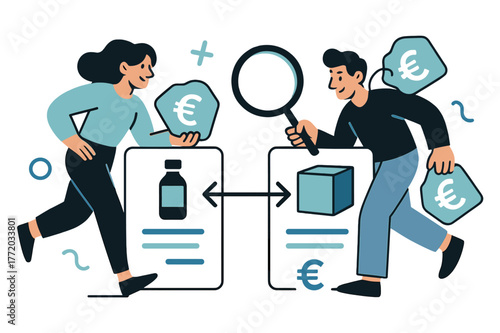 Price Comparison Scene. Shopping Habits ? Price Comparison. Two product cards tilt side by side; tags ??? glide into alignment. A magnifier traces a neat arrow