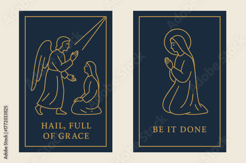 Minimal Annunciation Banners. Annunciation. Two vertical A6 banners with safe margins, centered composition, no elements touching edges, minimal, navy and