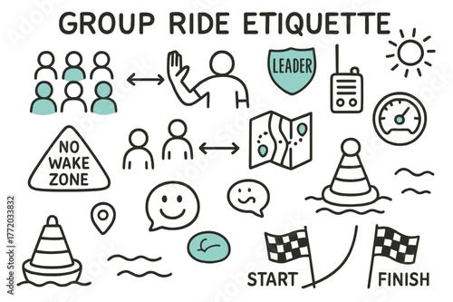 Group Ride Icons. // Group ride etiquette. Hand-drawn doodle illustration Group ride etiquette [formation icons (accented), hand signal (accented), distance