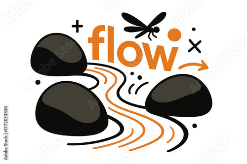 Flowing Nature Artistry. Pebble ? Stream Whisper. Water glides between stones with thin highlight lines; text ?flow? drifts along the curve. A dragonfly
