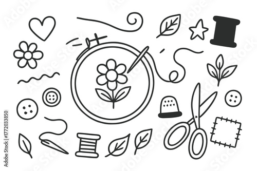 Embroidery Essentials Icons. Embroidery patterns. Hand-drawn doodle illustration embroidery patterns hoop, needle, thread, flower, heart, leaf, swirl, stitch
