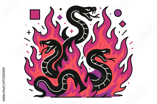 Fiery Mythical Serpents. Writhing Serpents in Fire. Mythical serpents surrounded by flames with floating abstract geometric shapes and sparks, fierce and