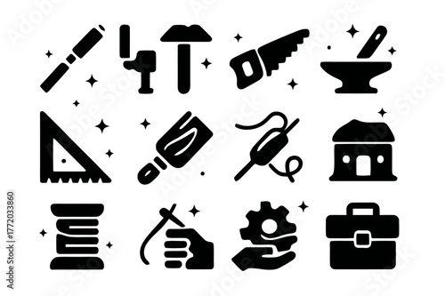 Artisan Tools Icons. Artisan Skills. Solid icons set of Artisan Skills: chisel, hammer, saw, anvil, ruler, paintbrush, wood plank, sewing needle, thread spool,