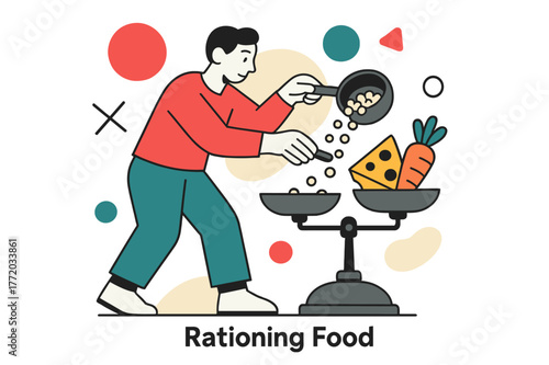 Precision Food Rationing. Rationing Food. Person using scales to divide ingredients with floating abstract geometric shapes, precise and careful scene. Modern
