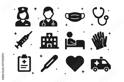 Frontline Healthcare Icons. Frontline Healthcare. Solid icons set of Frontline Healthcare: nurse, doctor, medical mask, stethoscope, syringe, hospital,