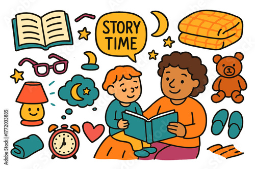 Storytime Doodle Delight. Storytime moments. Colorful Hand-drawn doodle Children illustration Storytime moments open book, glasses, moon, stars, blanket,