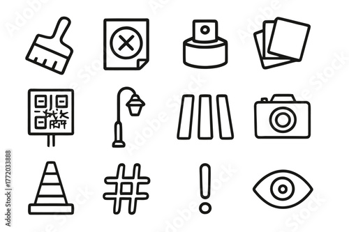 Street Art Icons. Street art activism. Line icon set of street art activism: paste brush, stencil sheet, spray cap, sticker pack, QR code sign, street lamp,