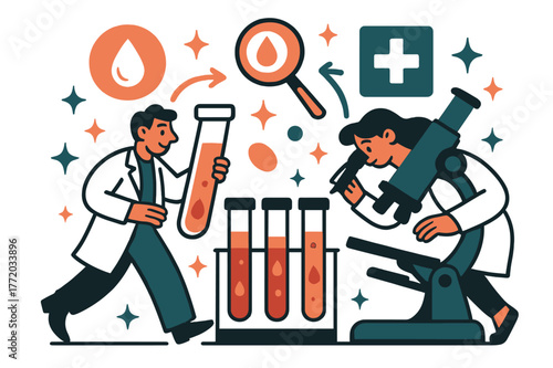 Dynamic Lab Analysis. Blood test. Lab analysis of blood samples with microscope and abstract floating icons, arrows, and sparkles; conveys research,