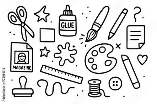 Mixed Media Tools. Mixed media art. Hand-drawn doodle illustration mixed media art scissors, glue, brush, pen, paper, magazine cutout, paint splatter, ruler,