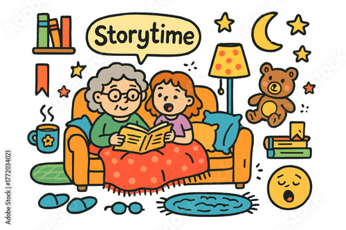 Cozy Storytime Doodles. Storytime on the sofa. Colorful Hand-drawn doodle Children illustration Storytime on the sofa open book, blanket, pillows, lamp,