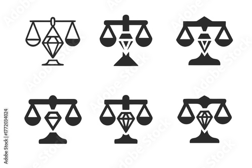 Ethical Jewelry Logos. Ethical jewelry design. Set Logo of Ethical jewelry design: gemstone in balanced scales. harmonious logo variations of the