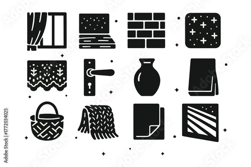 Window Texture Icons. Window Light and Textures. Solid icons set of Window Light and Textures: linen curtain, wood grain sill, brick wall, frosted glass, lace