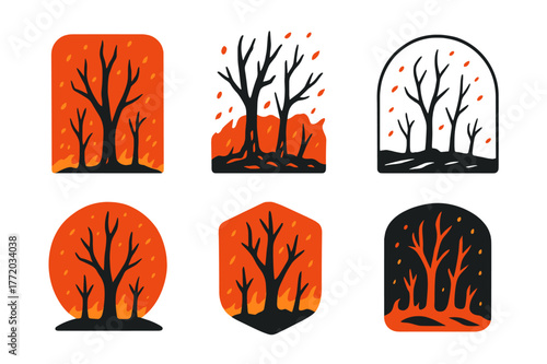 Blackened Trees Logos. blackened trees in hellscape. Set Logo of blackened trees in hellscape: Ember rain across scorched forest. Icon set. harmonious logo