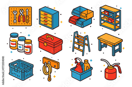 Garage Storage Icons. Garage and workshop storage. Colorful isometric vector icons set of Garage and workshop storage: tool pegboard, drawers cabinet, storage