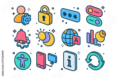 Colorful Settings Icons. Settings and preferences. Colorful isometric vector icons set of settings and preferences: profile settings, account security,