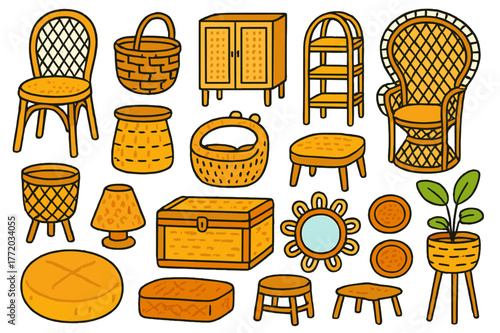 Colorful Rattan Doodle. Rattan & Wicker Furniture. Colorful Hand-drawn doodle Children illustration Rattan & Wicker Furniture rattan chair, wicker basket, cane
