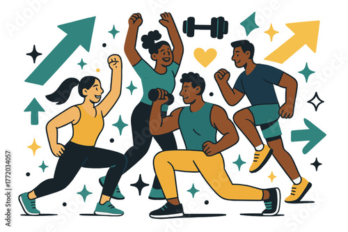 Energetic Group Workout. Workout motivation. Group fitness class with abstract floating arrows, icons, and sparkles; conveys teamwork, energy, and workout