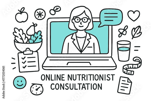 Online Nutritionist Consultation. Online nutritionist consultation. Hand-drawn doodle illustration online nutritionist consultation laptop screen (accented),