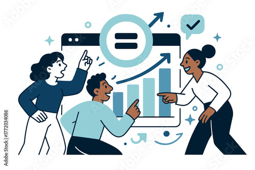 Data Fairness Dashboard. Data-driven fairness. Dashboard with equalized bars and a big ?=? icon pulses; teammates point at rising parity metrics. Clarity turns