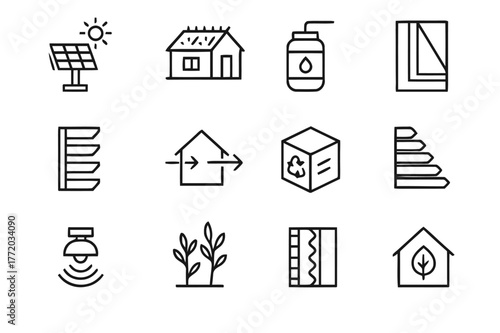 Sustainable Architecture Icons. Sustainable Architecture. Line icon set of Sustainable Architecture: solar panel, green roof, rain barrel, double glazing,