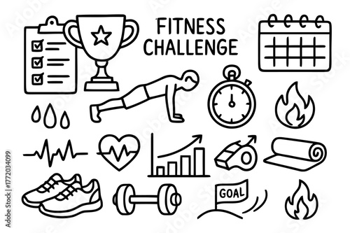 Fitness Challenge Icons. Fitness challenge. Hand-drawn doodle illustration fitness challenge trophy, checklist, calendar, push-up icon, stopwatch, sweat drops,