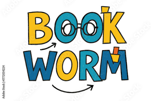 Bookworm Doodle Fun. Bookworm Doodles ? Doodle / Sketch; playful hand-drawn letters with rough sketch outlines and arrows; casual offset stacking; colored