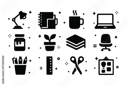 Creative Workspace Icons. Creative Workspace. Solid icons set of Creative Workspace: desk lamp, sketchbook stack, coffee mug, laptop, paint jar, potted plant,
