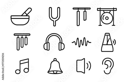Sound Therapy Icons. Sound therapy. Line icon set of sound therapy: singing bowl, mallet, tuning fork, gong, chime, headphones, sound wave, metronome, music