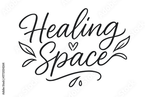 Healing Space Lettering. Healing Space ? brush script hand-lettering with fluid semi-cursive strokes, thin connectors, soft brush flicks;