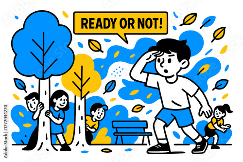 Park Hide and Seek. Hide and Seek in the Park. Kids scatter behind trees and benches; a playful ?Ready or not!? tag floats as leaves swirl like confetti. A
